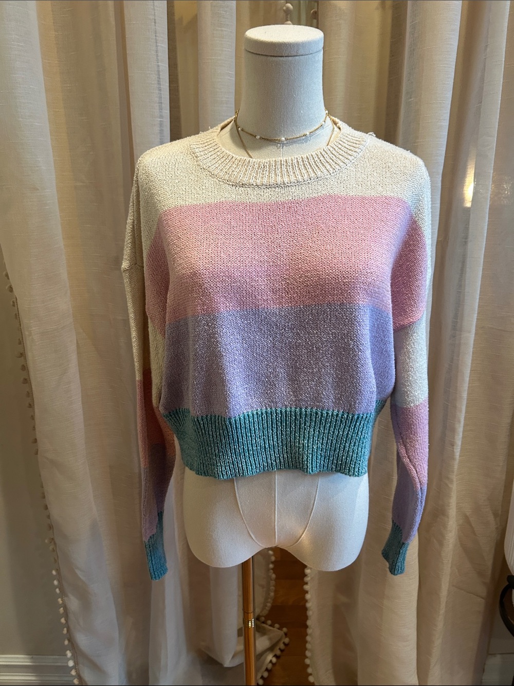 Poly cotton Pastel Striped Crewneck Sweater - Pink, Lavender & Teal small